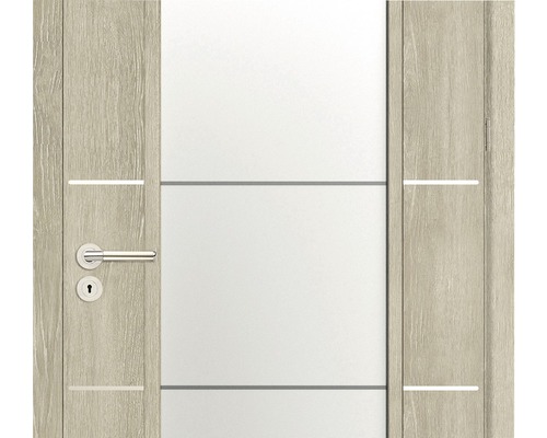 Ușă de interior cu aspect de lemn și inserție de sticlă