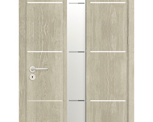 Ușă din lemn cu inserție de sticlă și linii decorative orizontale