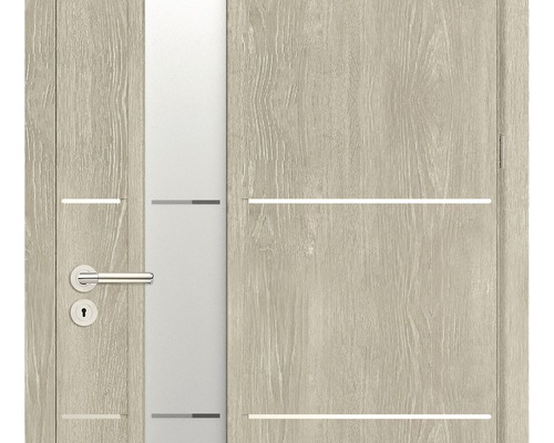 Ușă de interior cu structură de lemn, inserție de sticlă și linii decorative orizontale