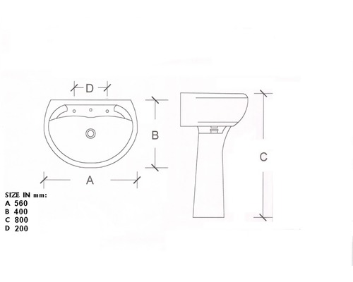 Desen tehnic al unui lavoar cu dimensiuni în milimetri