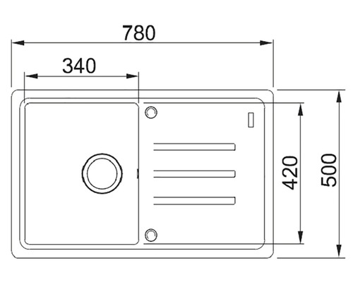 Schiță a unei chiuvete cu dimensiunile 780 x 500 mm