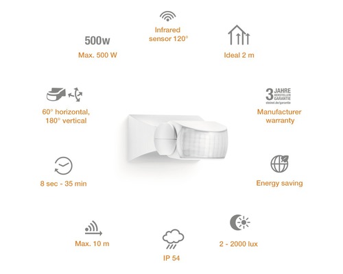 Senzor de mișcare Steinel IS1 120° max. 500W, pentru exterior IP54, alb