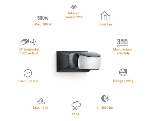Senzor de mișcare Steinel IS1 120° max. 500W, pentru exterior IP54, negru