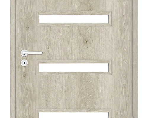 Ușă din lemn cu trei panouri dreptunghiulare din sticlă, mâner și broască