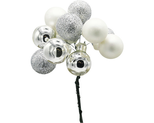 Crenguțe decorative cu globuri de Crăciun cu globuri albe și argintii