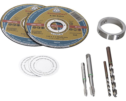 Două discuri de tăiere, un inel, doi tarodzi și două burghie.