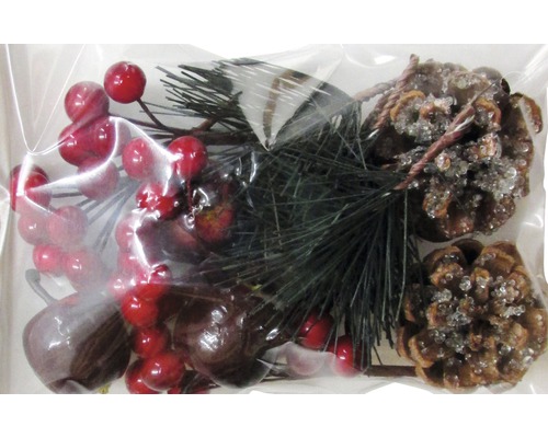 Decorație cu fructe de pădure roșii, ramuri de brad și conuri de pin