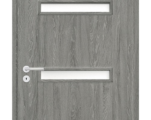 Ușă interioară gri cu două deschideri de lumină, mâner și încuietoare