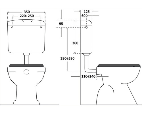 Desen tehnic al unui WC fixat pe podea cu dimensiuni.