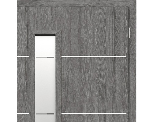 Ușă de interior gri cu inserție de sticlă și muluri decorative orizontale