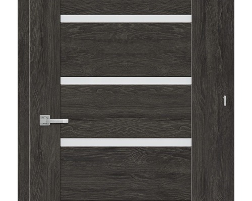 Ușă de interior cu aspect de lemn, cu trei ornamente decorative albe și clanță