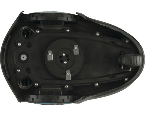 Partea inferioară a unui robot de tuns iarba cu roți și unelte de tăiere