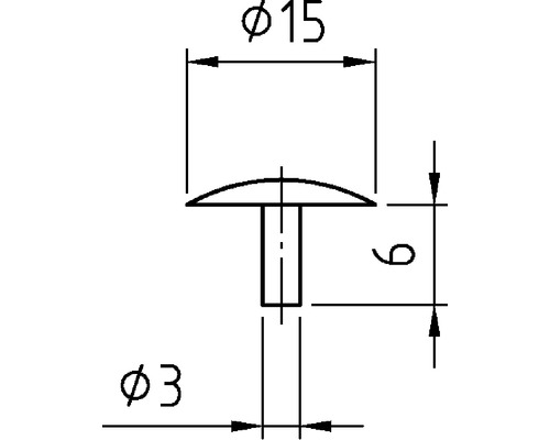 Desen tehnic al unui nit cu știft cu dimensiunile 15 milimetri diametrul capului, 3 milimetri diametrul tijei și 9 milimetri lungimea tijei