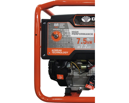 Imagine detaliată cu un generator de curent cu cadru portocaliu, evidențiind comenzile și specificațiile de putere.