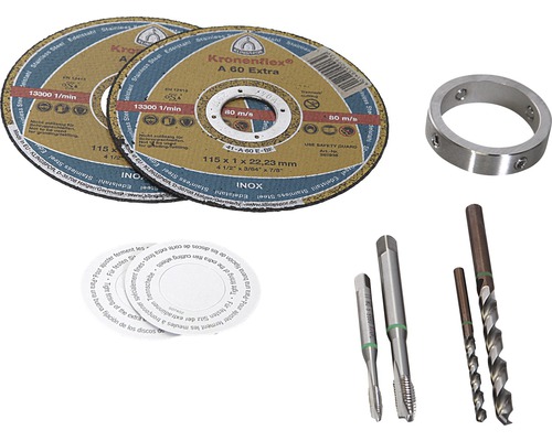 Două discuri de tăiere, o șaibă distanțier, o bucșă, precum și doi tarozi și două burghie elicoidale.