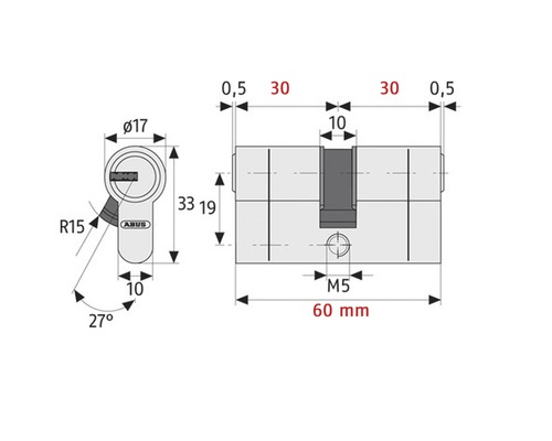 Desen tehnic al unui cilindru ABUS cu dimensiuni