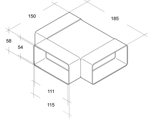 Desen tehnic al unui racord în T dreptunghiular cu dimensiuni.