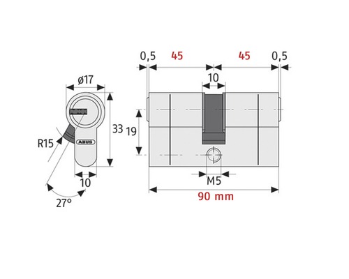 Desen tehnic al unui cilindru de închidere ABUS cu dimensiuni