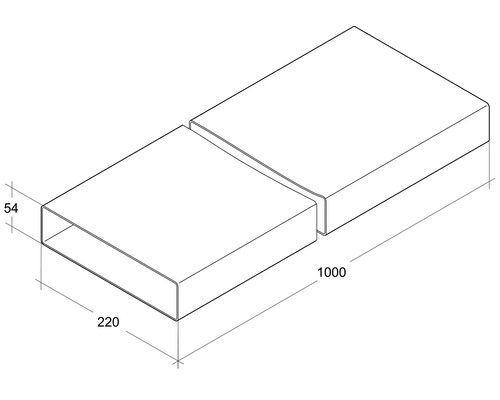 Desen tehnic al unui canal de ventilație dreptunghiular cu dimensiunile 54 x 220 x 1000 milimetri.