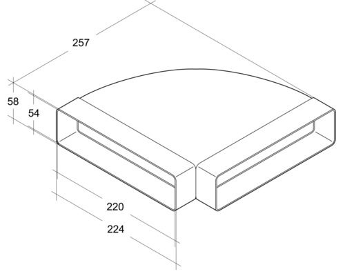 Desen tehnic al unui cot de conductă de ventilație rectangulară cu dimensiuni