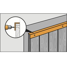 Ilustrație a unei construcții din lemn cu unghi de fixare și șuruburi