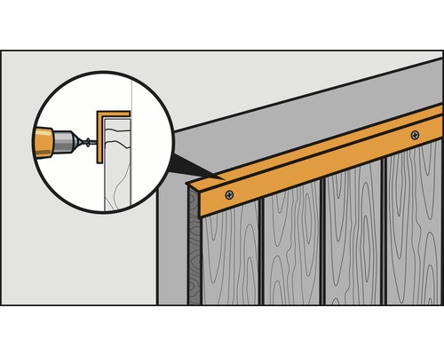 Ilustrație a unei construcții din lemn cu unghi de fixare și șuruburi