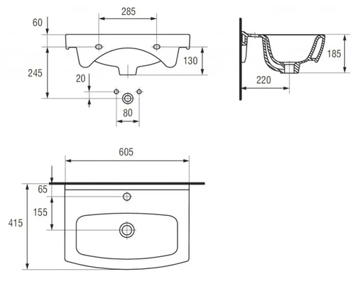 Desen tehnic al unei chiuvete cu dimensiuni