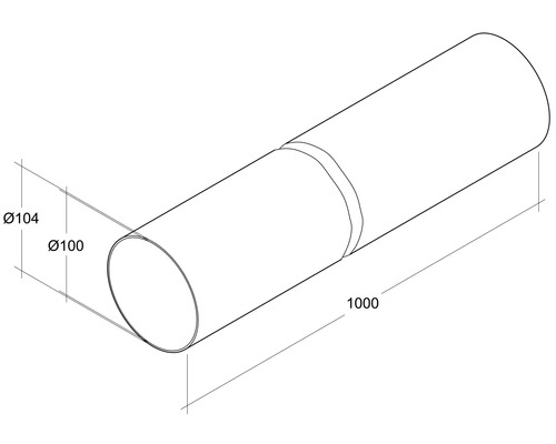 Ilustrație a unei țevi cu dimensiunile de 104 mm diametru exterior, 100 mm diametru interior și 1000 mm lungime.