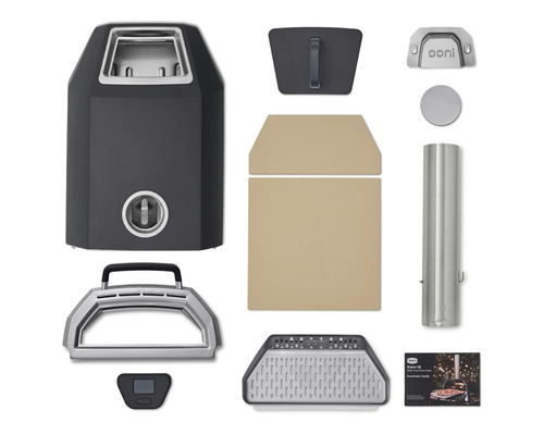Set cuptor pizza multi-combustibil Ooni Karu 16 cu cuptor, ușă, arzător, piatră pizza, coș de fum și manual de utilizare