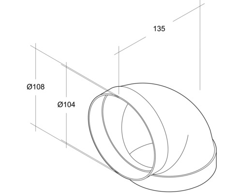 Ilustrație a unei curbe de țeavă cu dimensiunile 108 mm, 104 mm și 135 mm