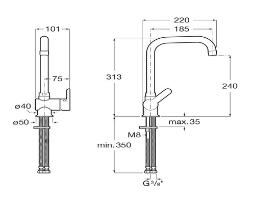 Desen dimensional al unui robinet de bucătărie cu dimensiuni