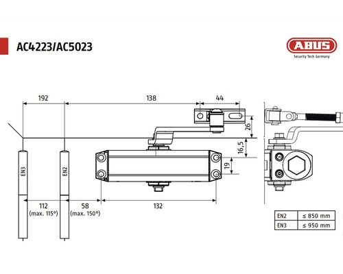 Desen tehnic al dispozitivului de închidere a ușilor ABUS AC4223/AC5023 cu dimensiuni și sigla ABUS