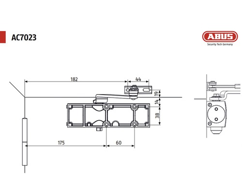 Desen tehnic al amortizorului de ușă ABUS cu dimensiuni