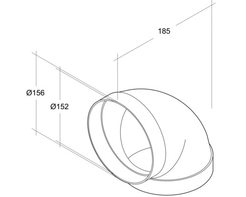 Desen tehnic al unui cot de conductă cu dimensiunile de 156 mm, 152 mm și 185 mm.