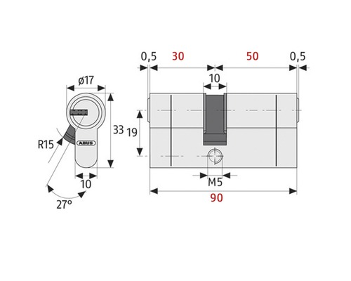 Desen tehnic al unui cilindru de ușă ABUS cu dimensiuni