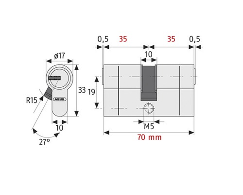 Desen tehnic al unui cilindru de ușă ABUS cu dimensiuni