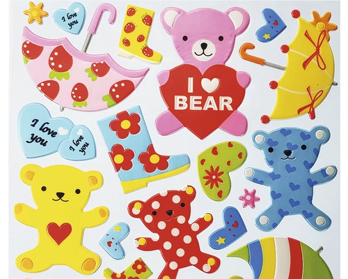 Foaie de autocolante cu urși, umbrele și cizme