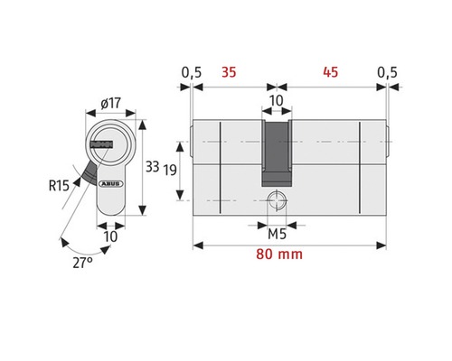 Desen tehnic al unui cilindru ABUS cu indicații de dimensiuni