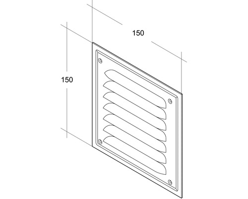 Inserție pătrată pentru grilă de ventilație cu lamele și dimensiuni de 150 x 150 mm.