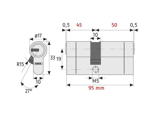 Desen tehnic al unui cilindru de închidere ABUS cu indicații de dimensiuni