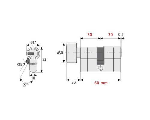 Desen tehnic al unui cilindru de ușă ABUS cu indicații de dimensiuni