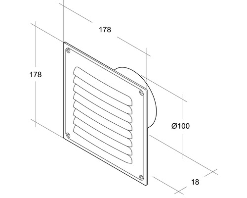 Grilă de ventilație cu dimensiunile 178 x 178 milimetri și un diametru de 100 milimetri