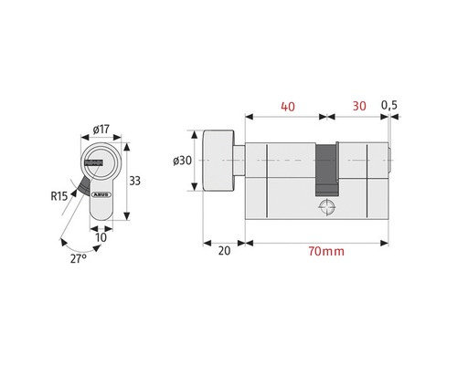 Desen tehnic al unui cilindru de ușă ABUS cu dimensiuni