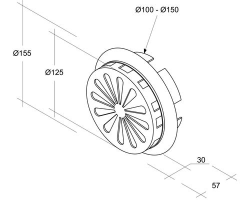 Diagrama unei supape rotunde cu disc cu diametrul de 125 mm și diametrul de conectare de la 100 la 150 mm