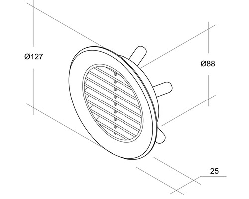 Desen tehnic al unei supape rotunde cu disc, cu dimensiunile de 127 mm diametru, 88 mm diametru și 25 mm lungime