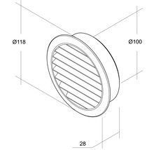 Diagrama unei supape rotunde cu disc cu dimensiunile diametru 118 milimetri și diametru 100 milimetri, adâncime 28 milimetri
