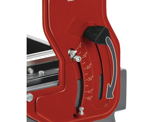 Imagine detaliată a unei mașini de tăiat faianță cu reglare a unghiului de la 0 la 45 de grade.