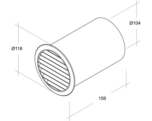 Desen tehnic al unei supape rotunde cu disc cu dimensiunile de 118 mm în diametru, 104 mm în diametru și 156 mm în lungime