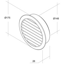 Difuzor de admisie a aerului circular cu lamele și dimensiunile de 175 mm, 148 mm și 26 mm.