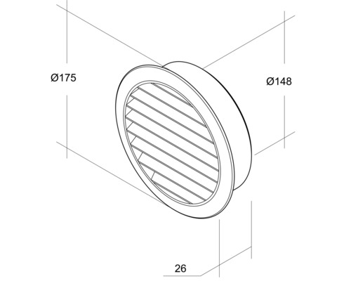 Difuzor de admisie a aerului circular cu lamele și dimensiunile de 175 mm, 148 mm și 26 mm.